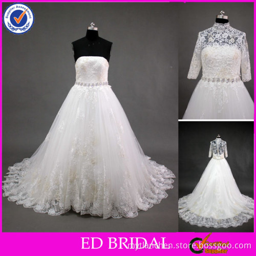 LN116 Sexy Low Back Ivory And Champagne Lace Appliqed Wedding Dress With Lace Bolero Jacket